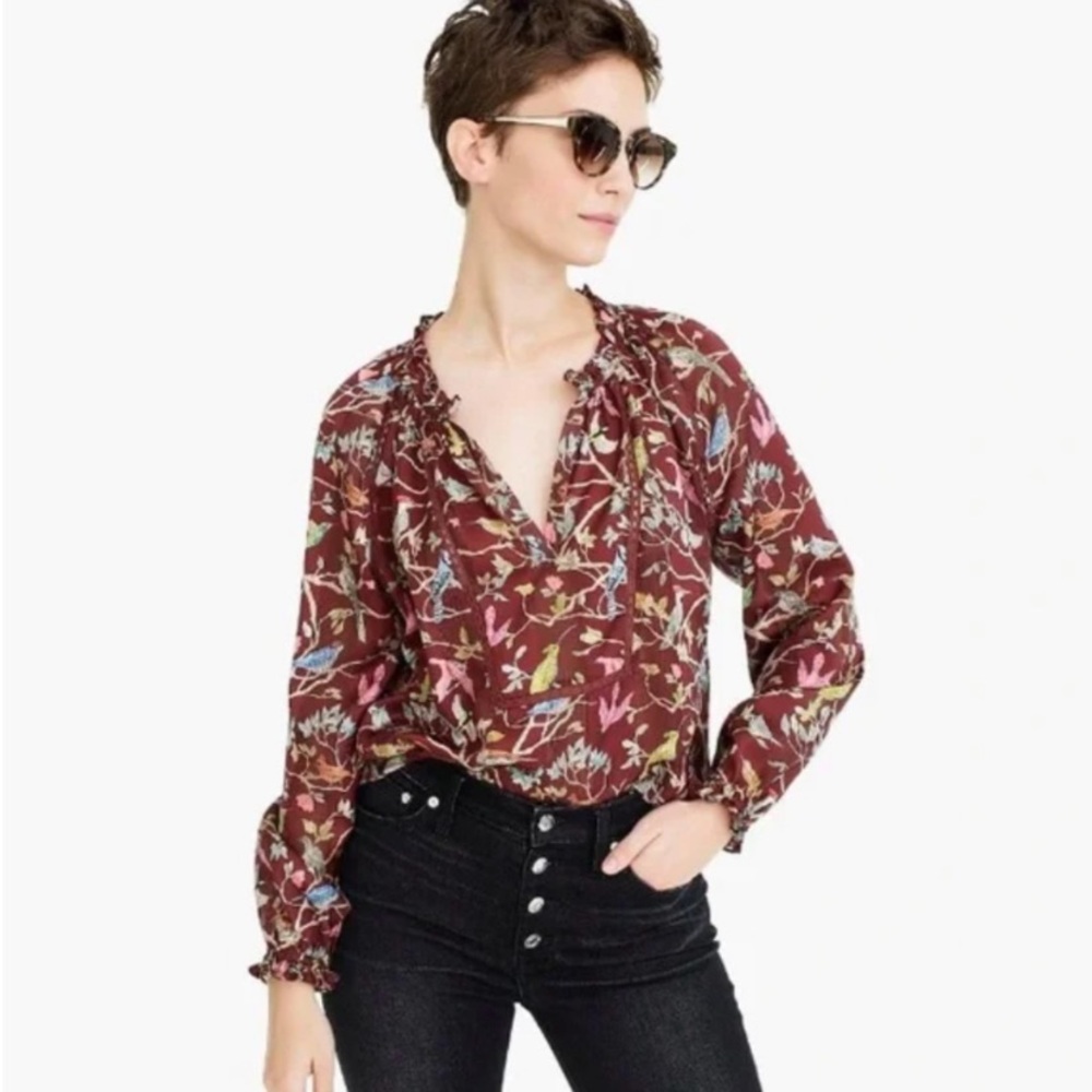 J. Crew Point Sur NWT Bird Menagerie Ruffle Metallic Laced Peasant Blouse - Picture 2 of 7